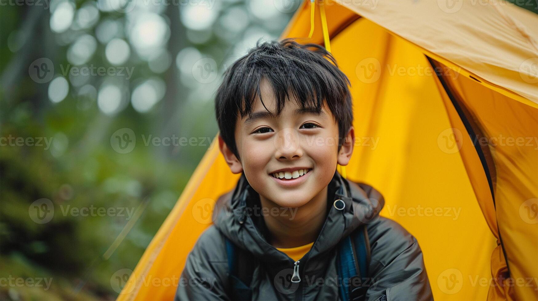 ai gerado retrato do ásia Garoto sorridente e olhando às Câmera dentro barraca dentro floresta foto