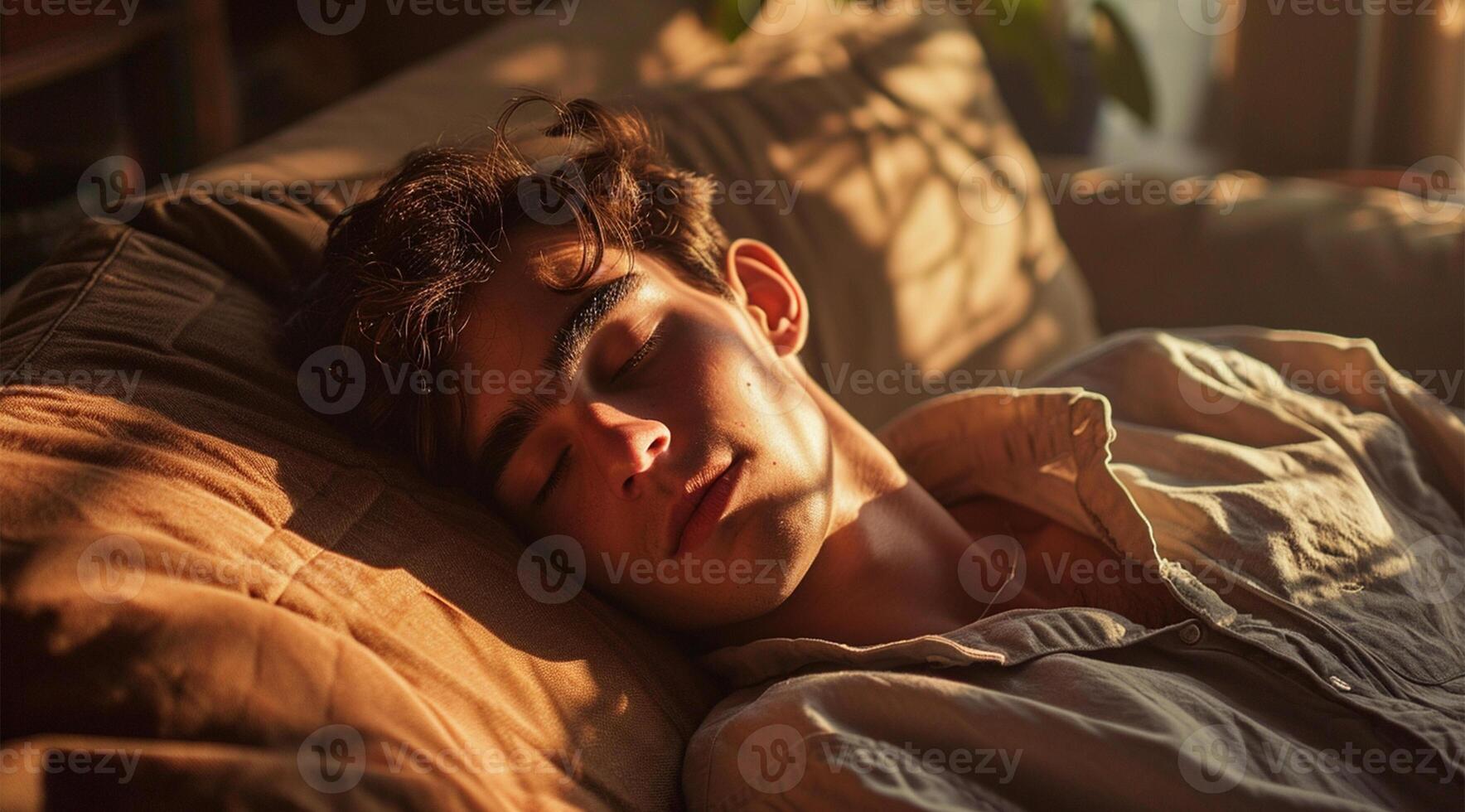 ai gerado relaxado barbudo homem deitado em sofá dentro manhã luz solar e olhando às janela foto