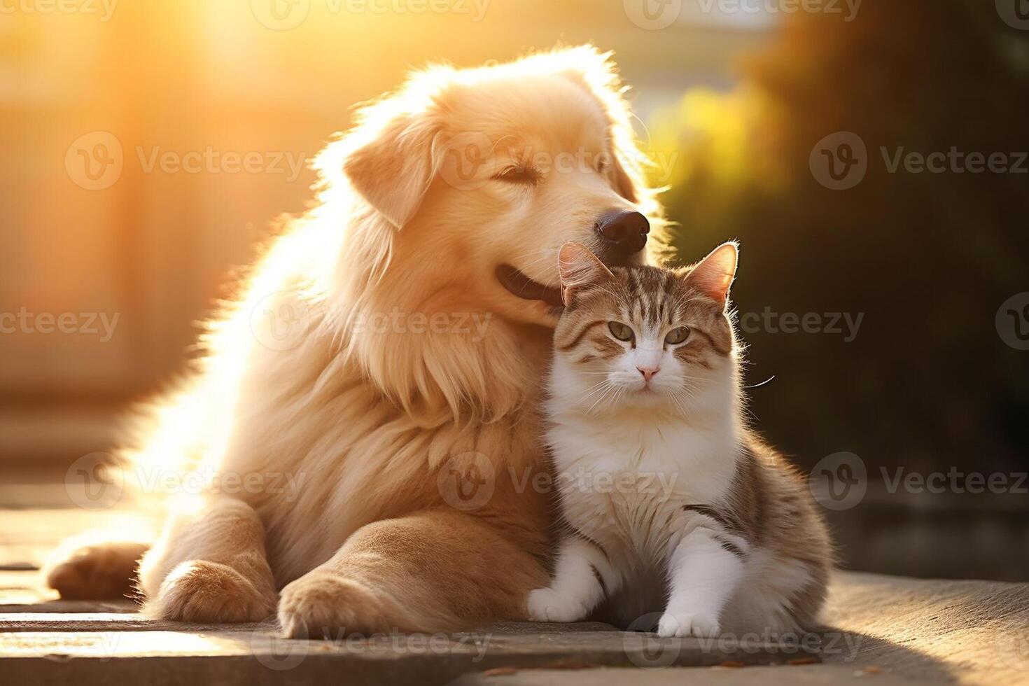 ai gerado retrato do gato e cachorro feliz amigos sentado junto. animais de estimação amizade foto