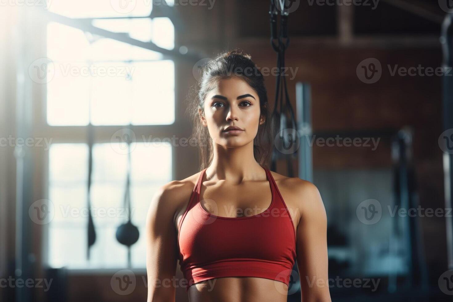 ai gerado uma Forte lindo mulher desportista dentro academia. ginástica clube, esporte vida estilo bandeira com Forte fêmea e cópia de espaço para texto foto