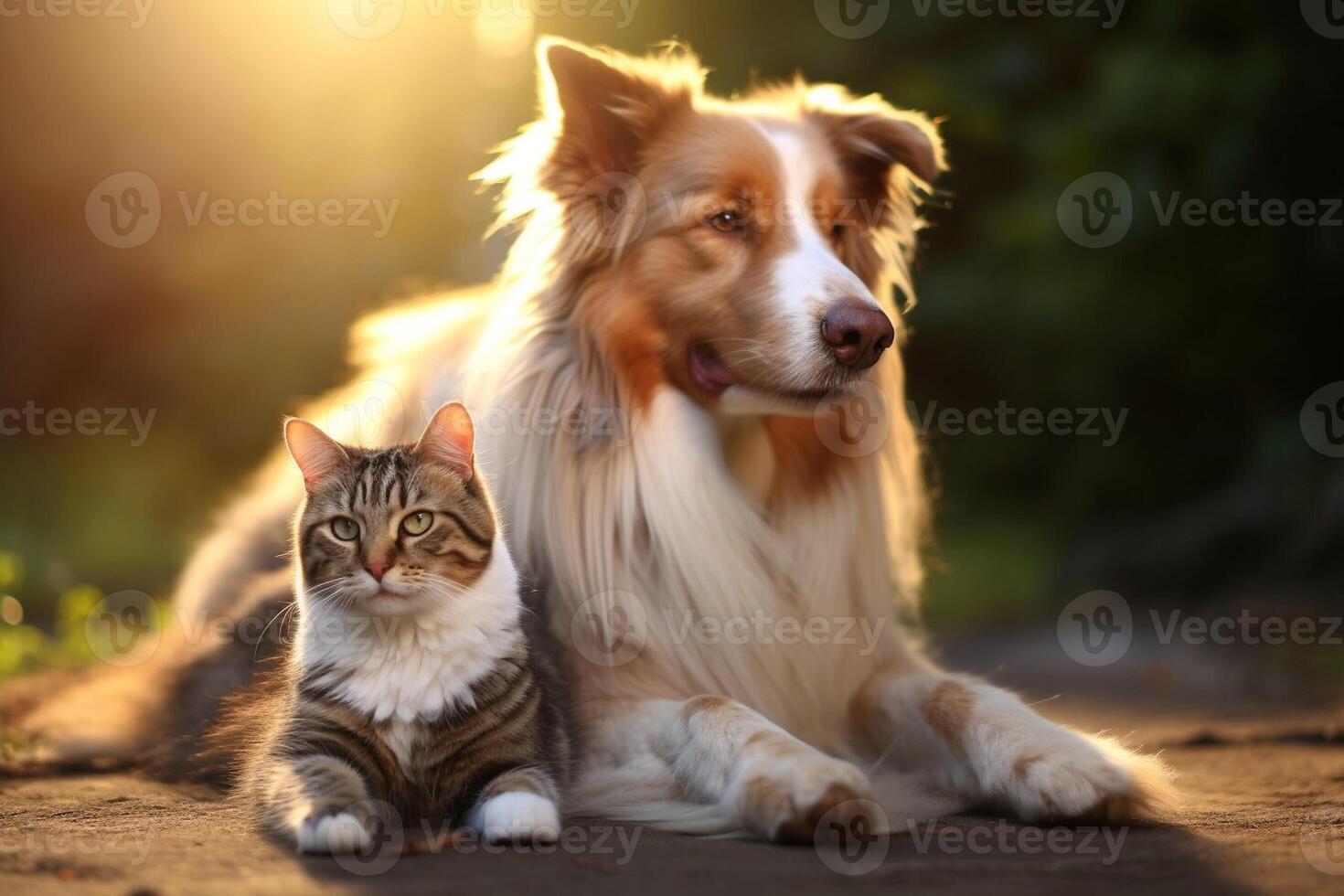 ai gerado retrato do gato e cachorro feliz amigos sentado junto. animais de estimação amizade foto