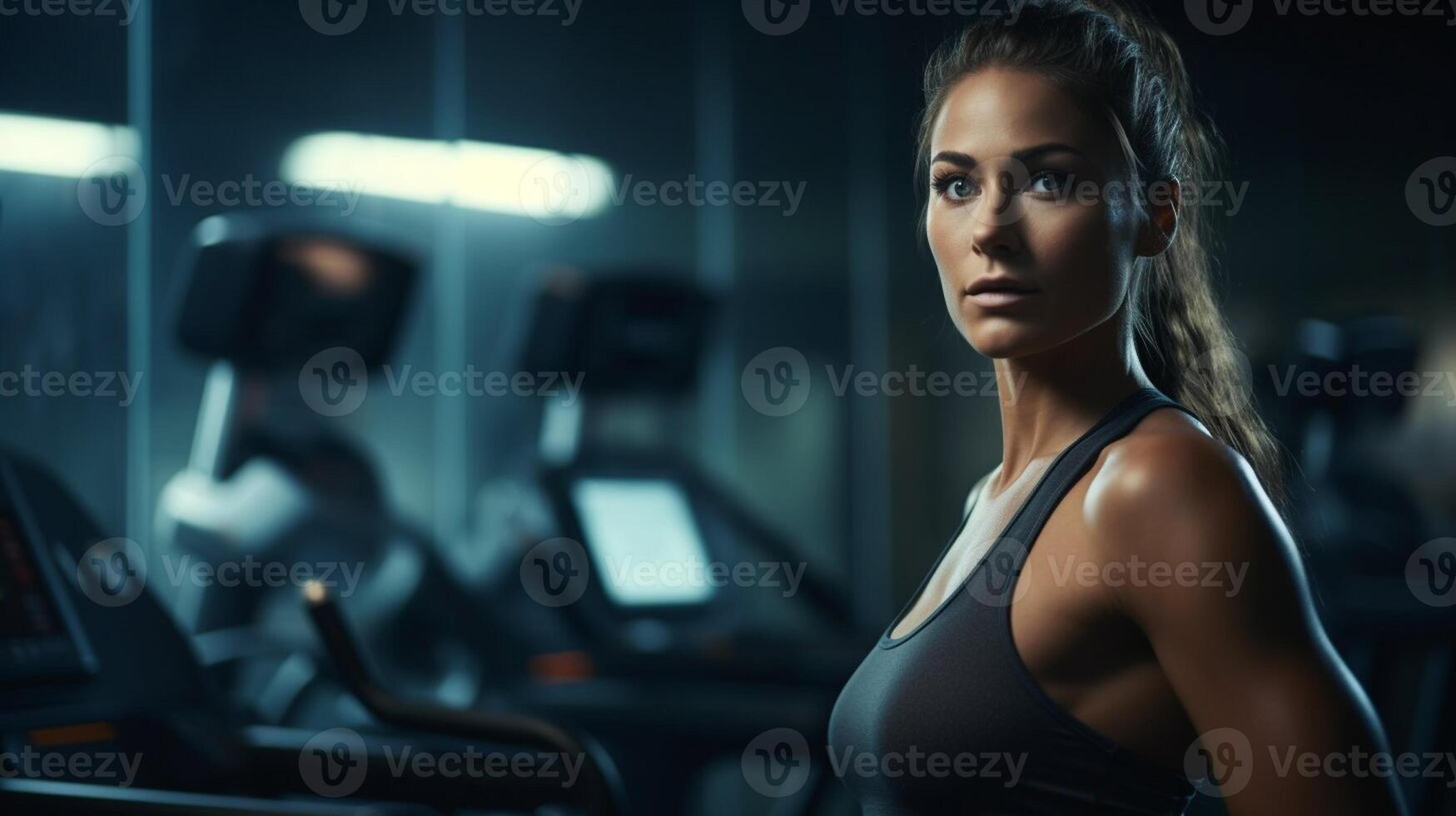 ai gerado uma Forte lindo mulher desportista dentro academia. ginástica clube, esporte vida estilo bandeira com Forte fêmea e cópia de espaço para texto foto