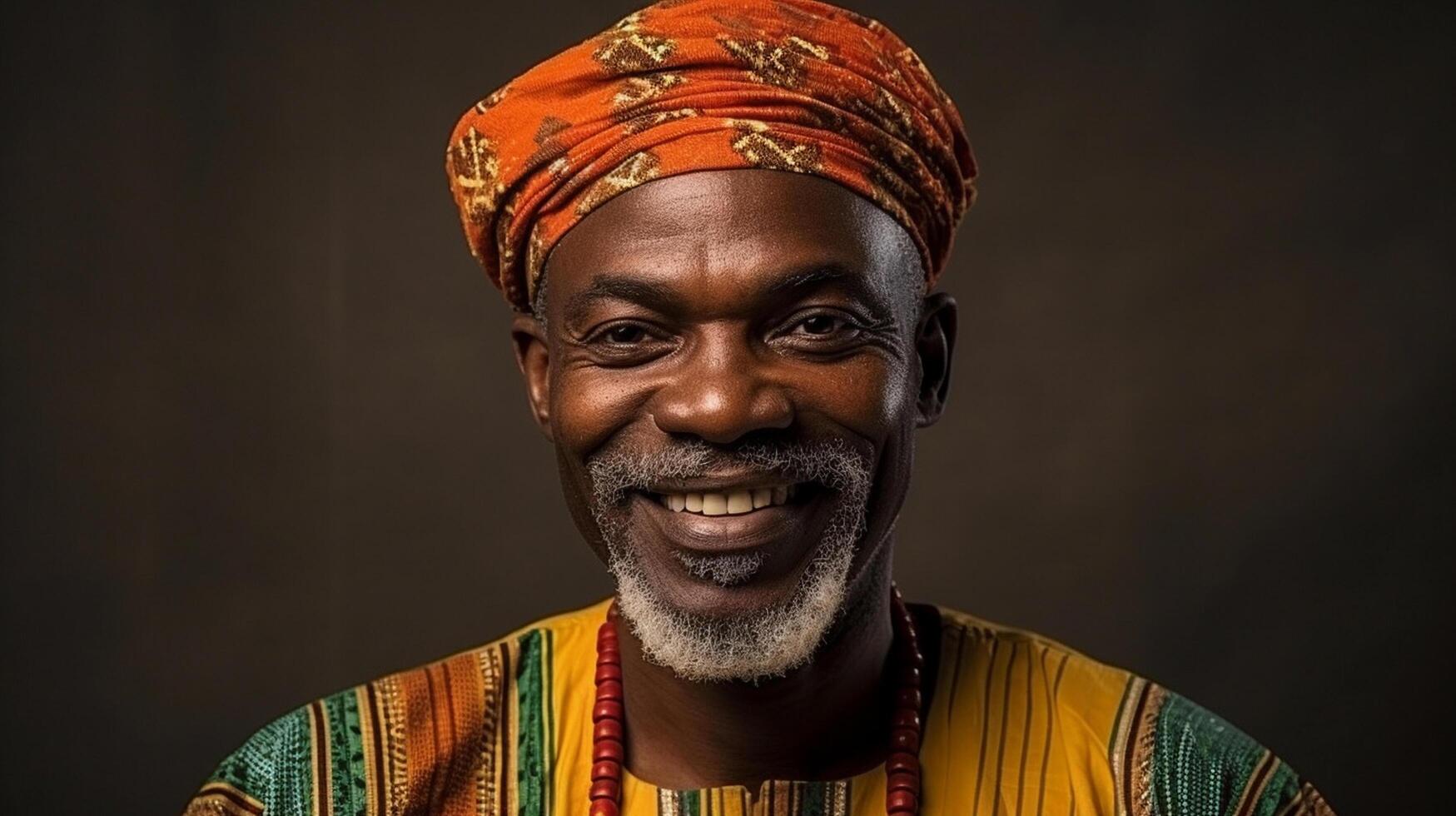 ai gerado africano maduro homem dentro tradicional roupas retrato. Senior adulto Preto homem tradicionalmente vestido dentro colorida roupas e cabeça enrolar. Preto história mês conceito. foto