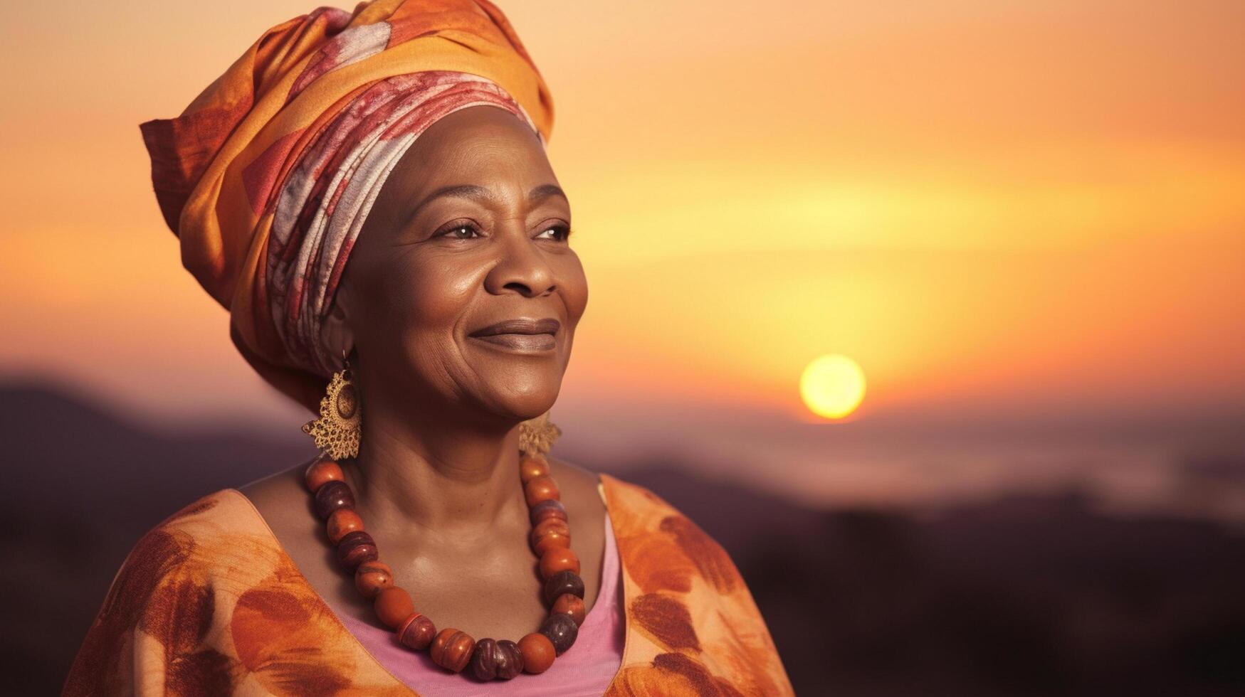 ai gerado africano maduro mulher dentro tradicional roupas retrato. Senior adulto Preto senhora tradicionalmente vestido dentro colorida roupas e cabeça enrolar. Preto história mês conceito. foto