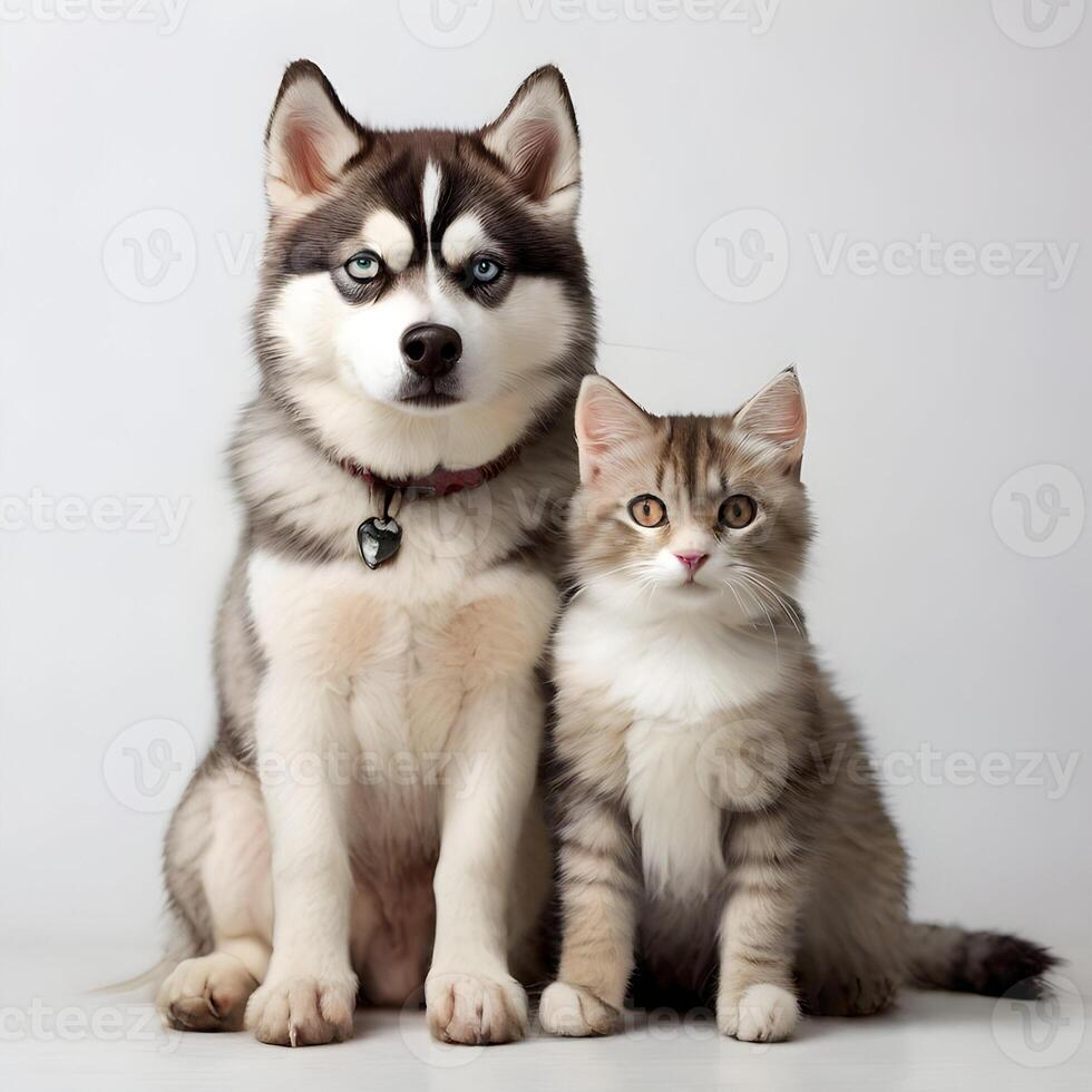 cachorro sentado em uma cinzento fundo foto