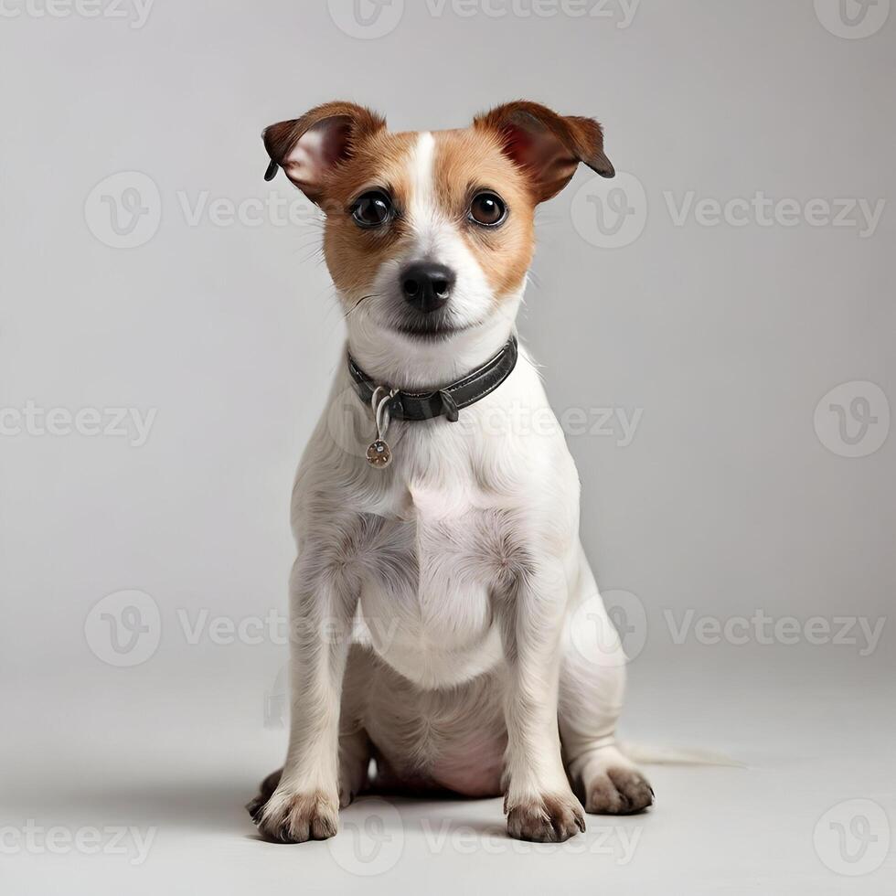 cachorro sentado em uma cinzento fundo foto