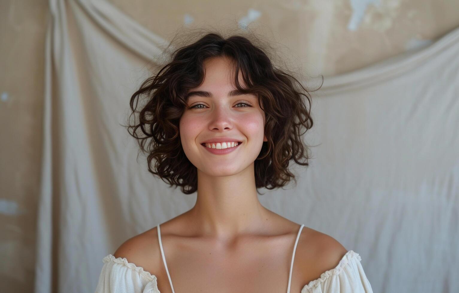 ai gerado uma sorridente mulher com uma delgado encaracolado cabelo foto