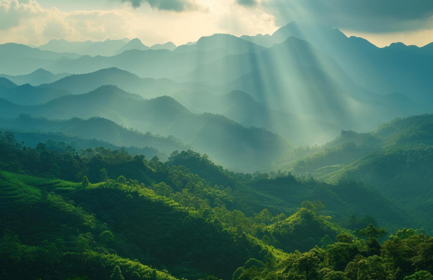 ai gerado verde montanhas e raios solares dentro iluminado pelo sol dia montanha foto