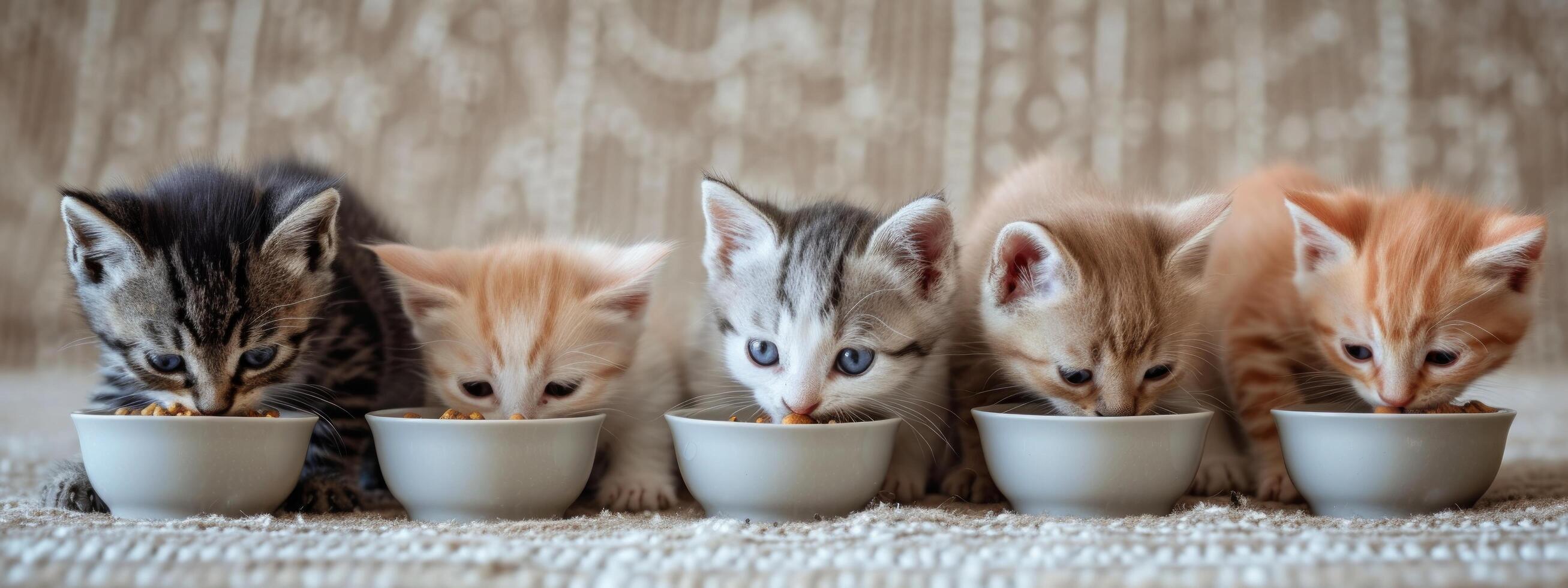 ai gerado seis pequeno gatinhos comer Comida Fora do uma tigela foto