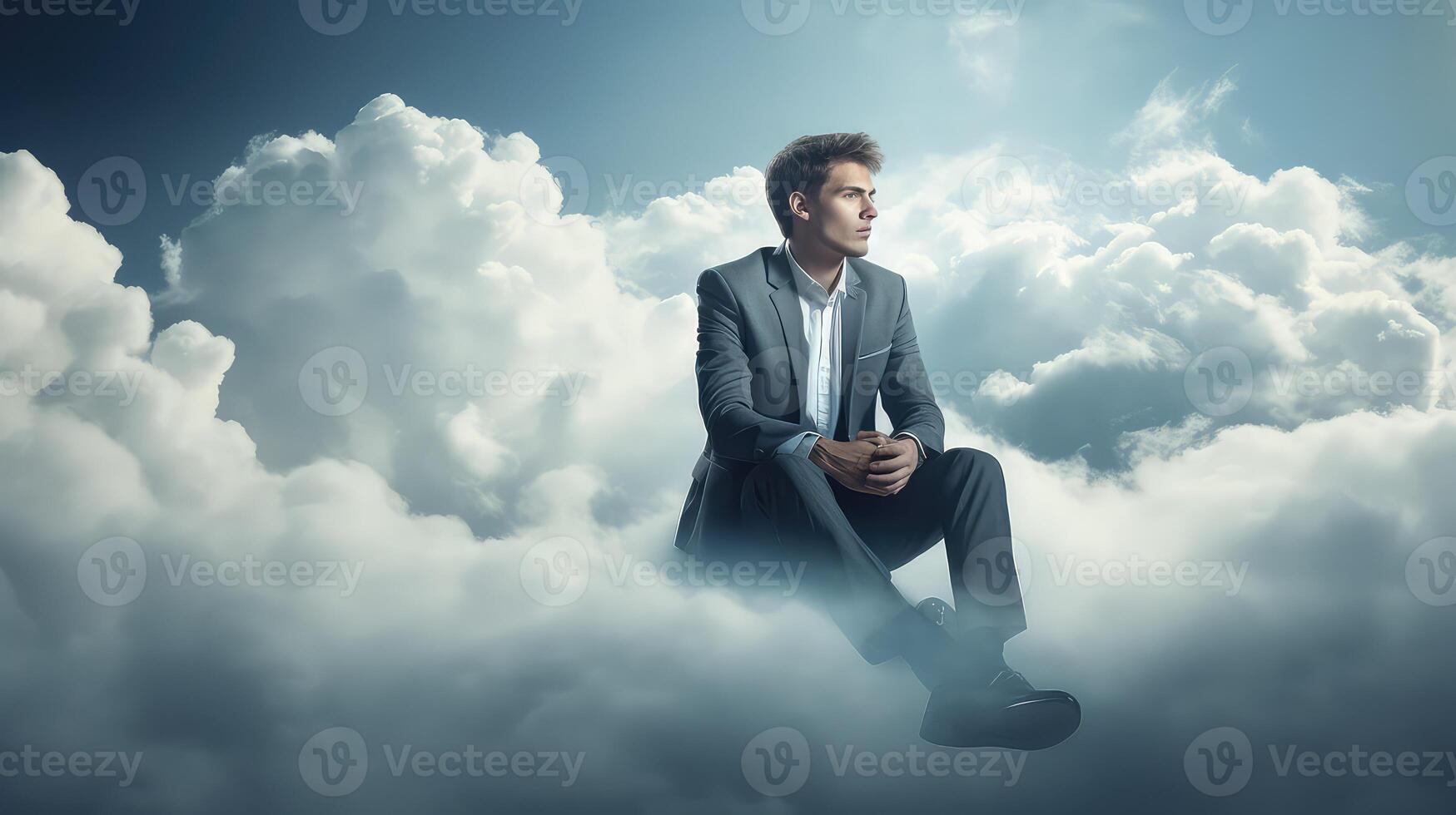 ai gerado jovem homem de negocios sentado em a Beira do uma nuvem foto