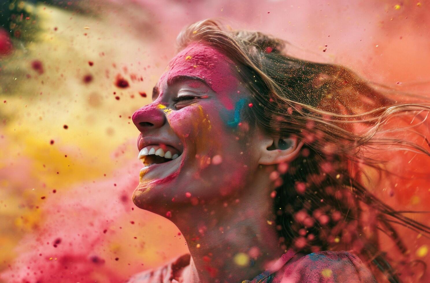 ai gerado colorida pó queda em uma sorridente mulher foto