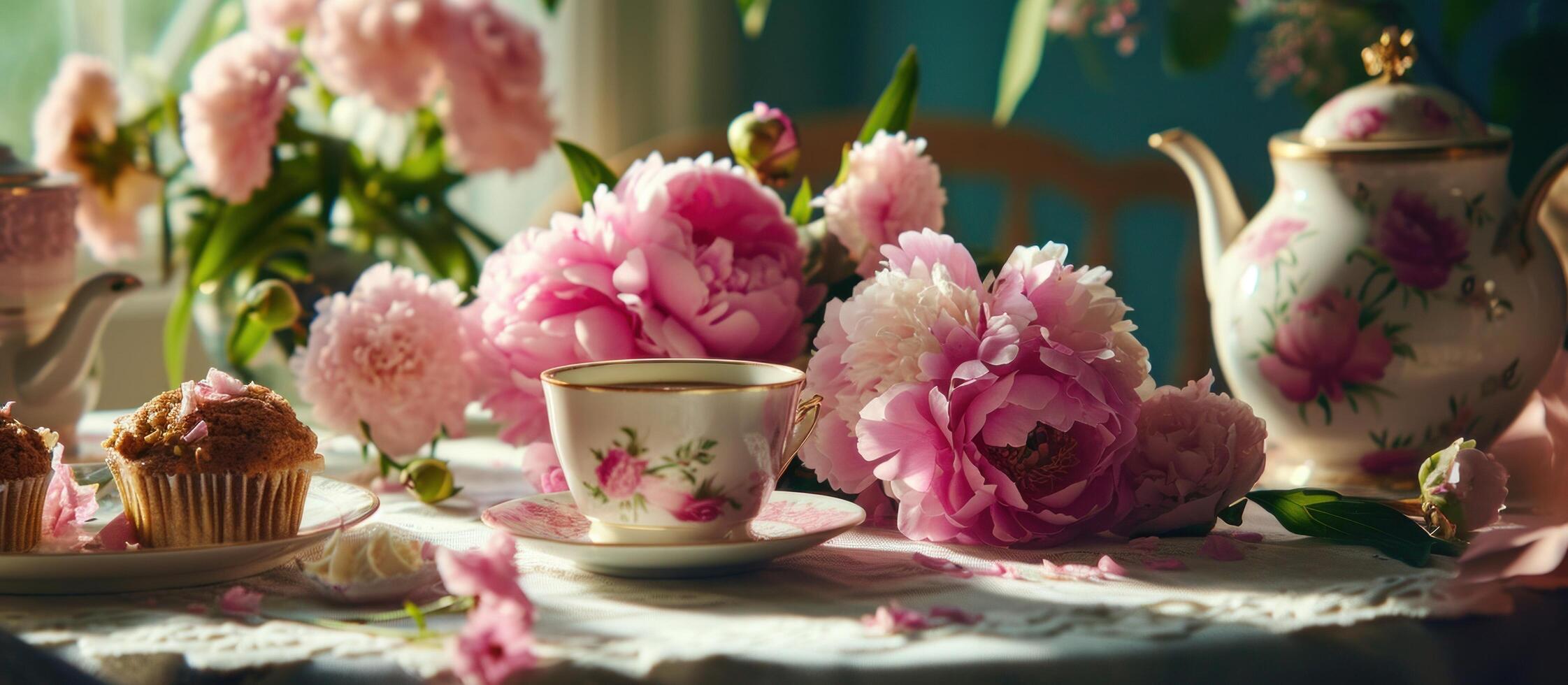 ai gerado Rosa peônias e verde videiras em uma mesa com uma café copo e pão foto