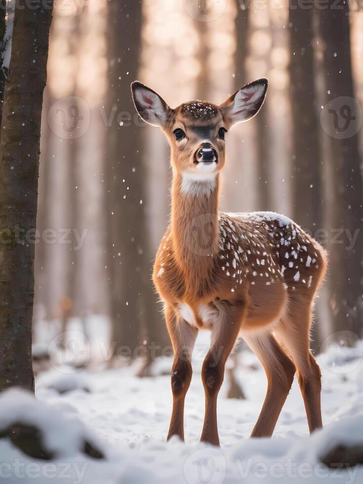 ai gerado fofa bebê veado com neve fundo foto