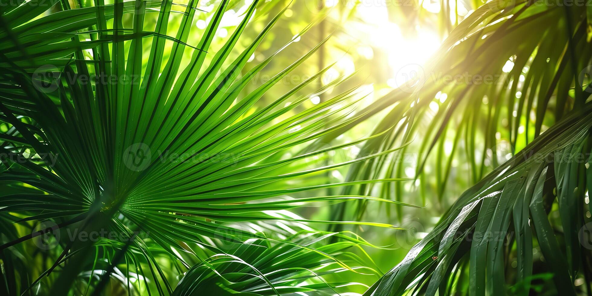 ai gerado brilhante luz solar dentro a idílico verde Palma jardim, tropical vegetação fundo bandeira com cópia de espaço para viagem, feriados e período de férias foto