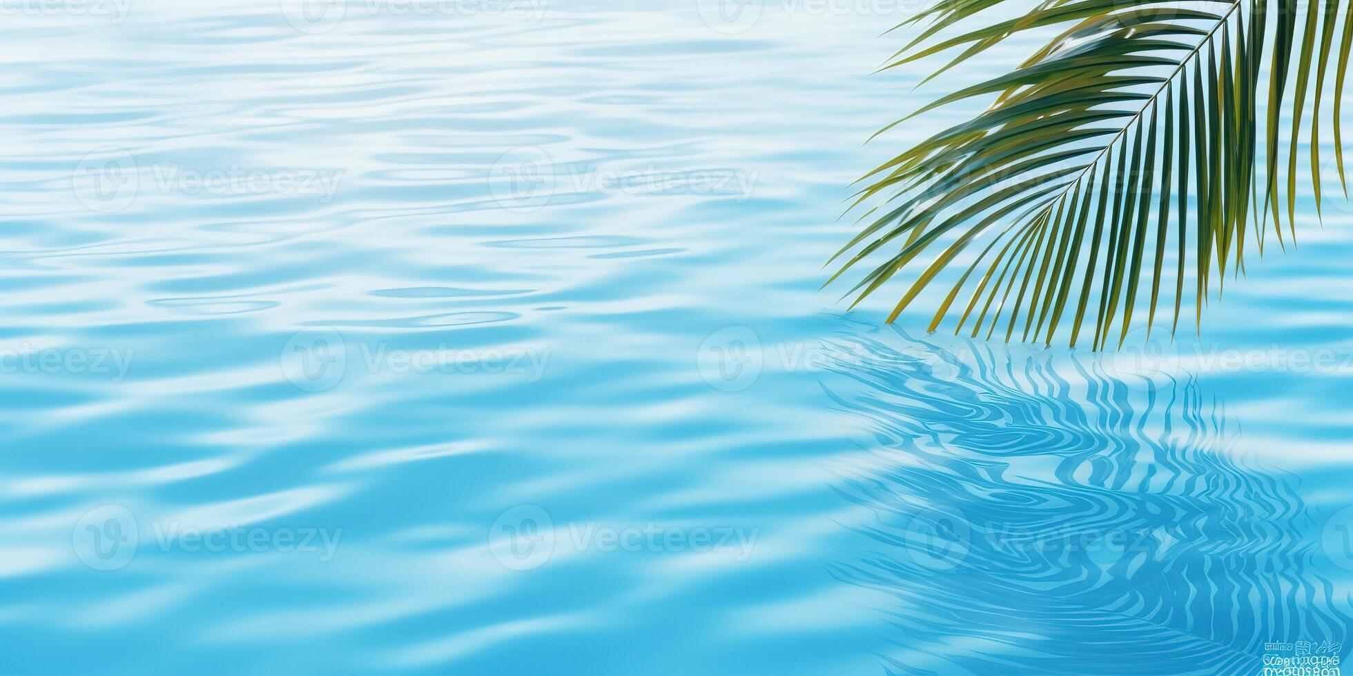 ai gerado Palma folha isolado em ensolarado azul ondulado água superfície, verão de praia feriados fundo conceito com cópia de espaço foto