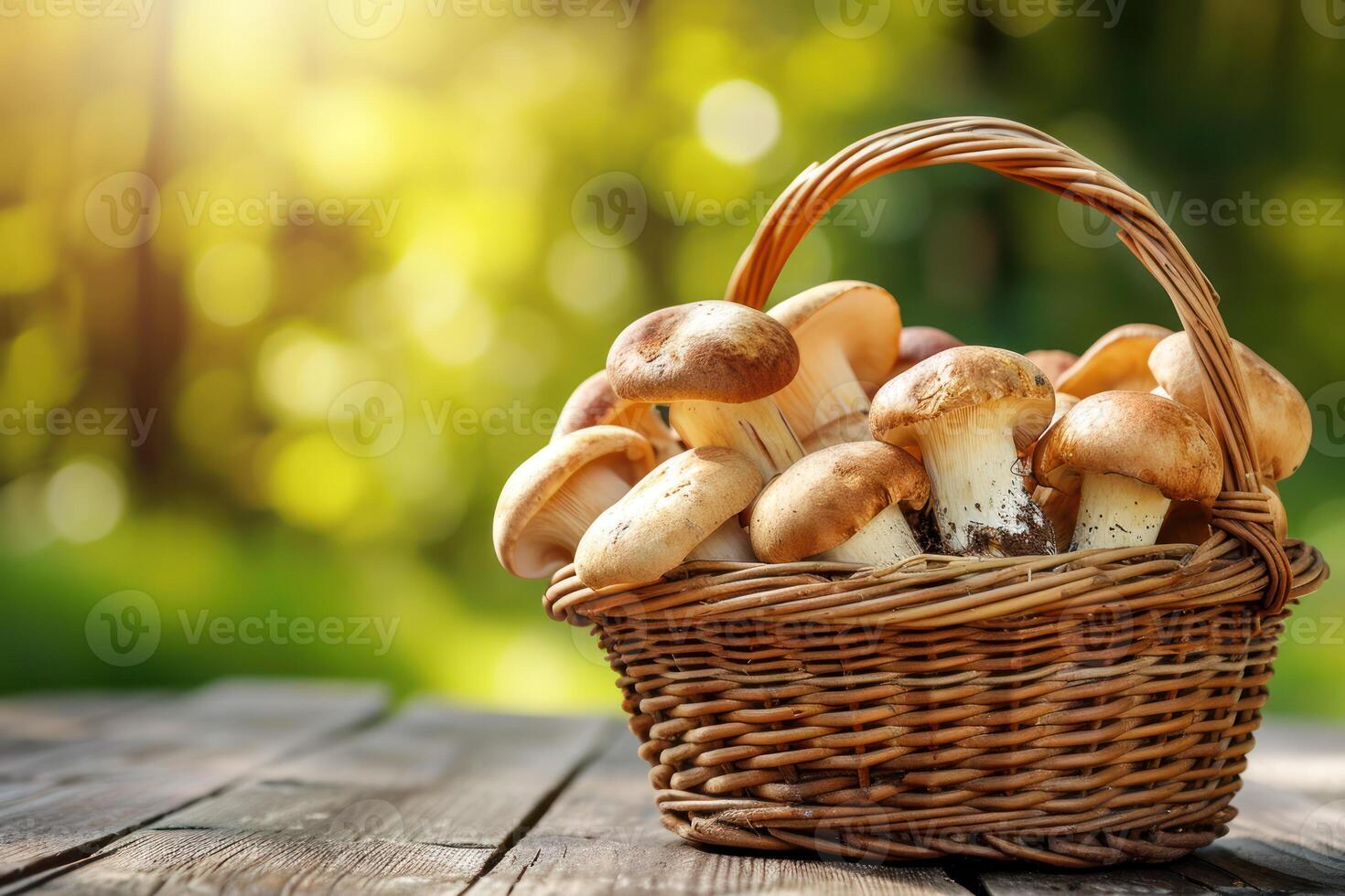 ai gerado vime cesta com fresco selvagem cogumelos em de madeira mesa ao ar livre foto