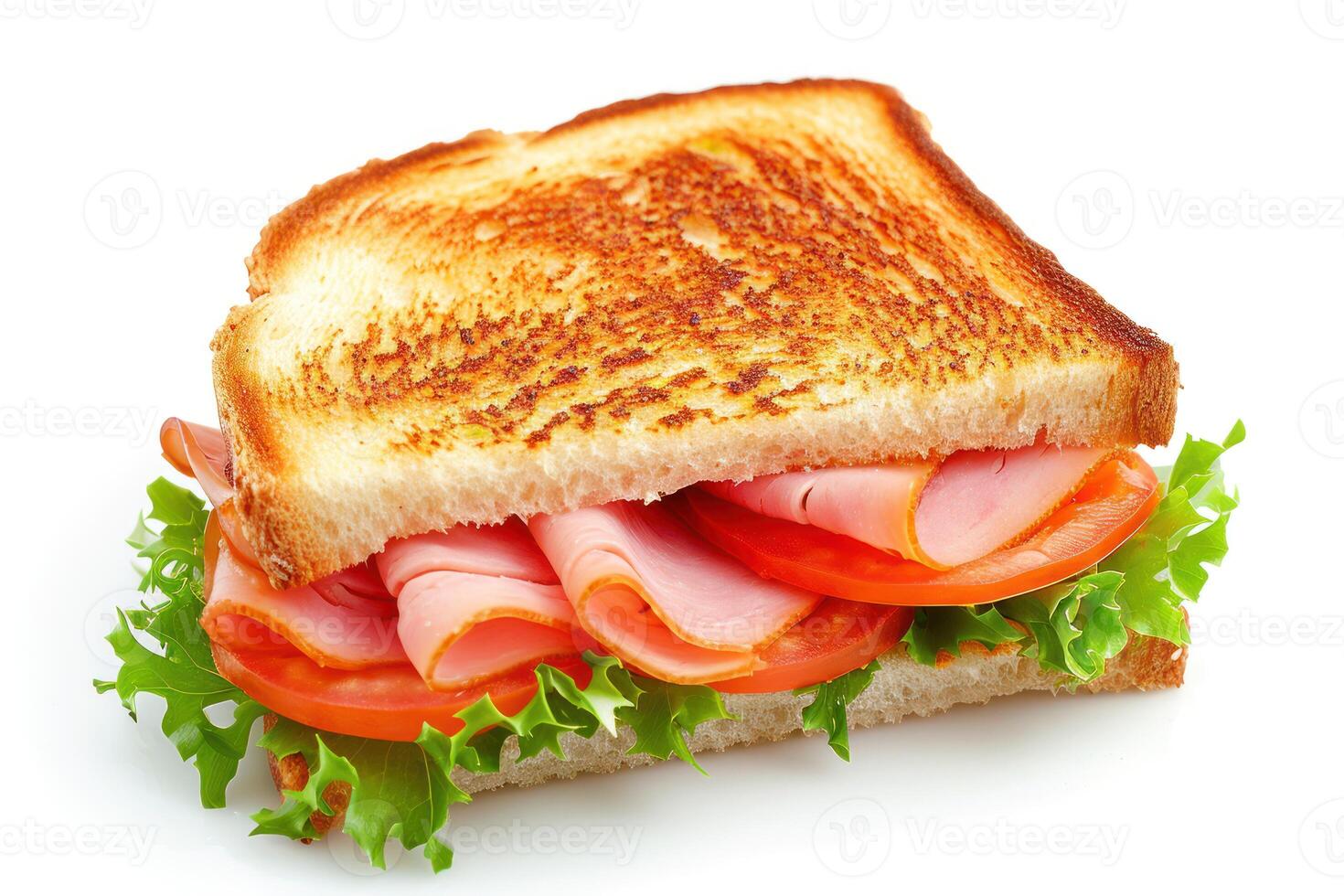 ai gerado uma metade torrado presunto e tomate sanduíche isolado em branco foto