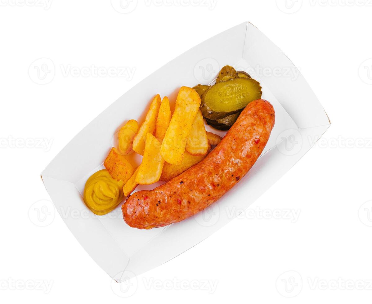 frito linguiça com batatas e mostarda topo Visão foto