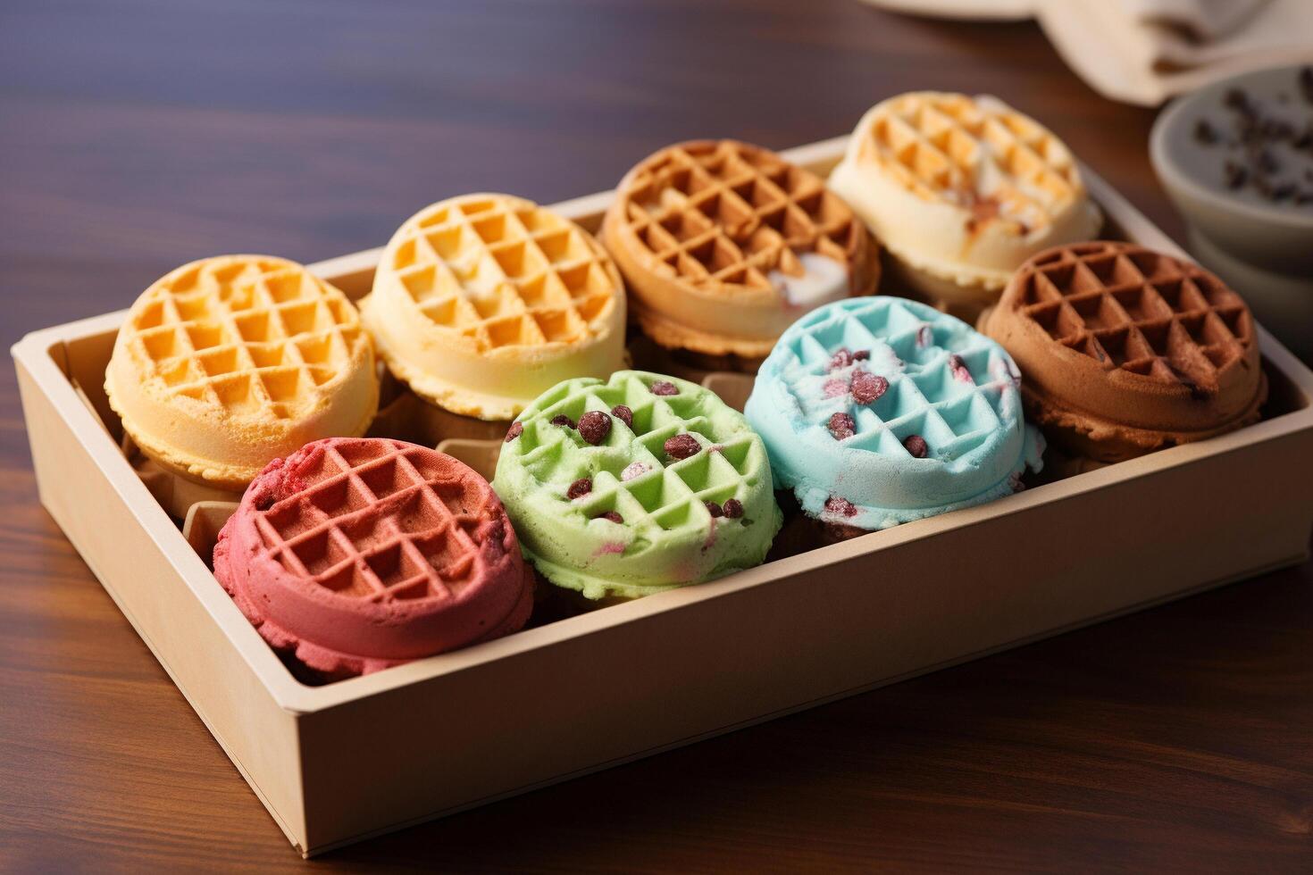 ai gerado Construir seu tratar comida rápida configuração para personalizadas waffle gelo creme sanduíches foto