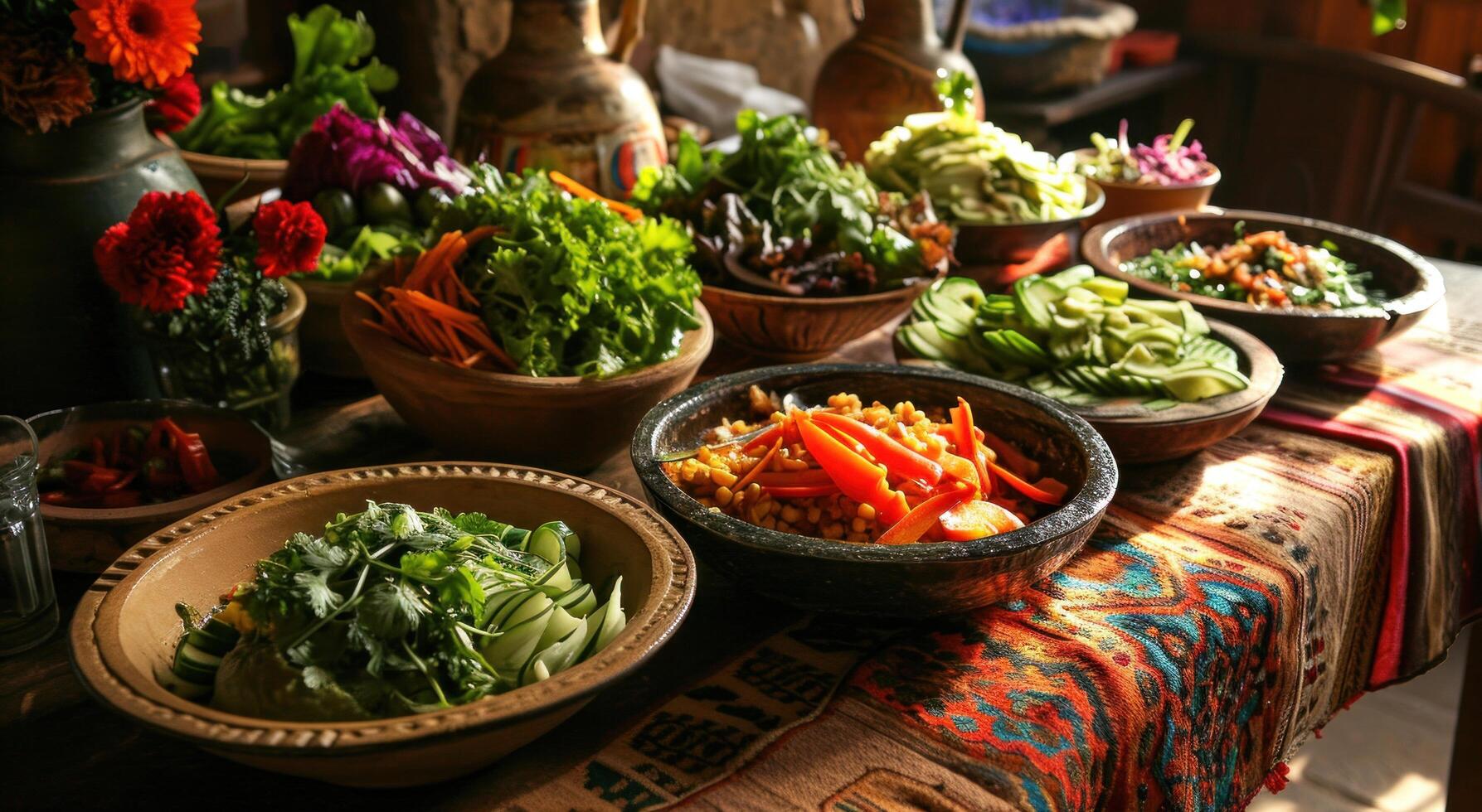 ai gerado uma mesa tem de várias saladas arranjado em isto foto