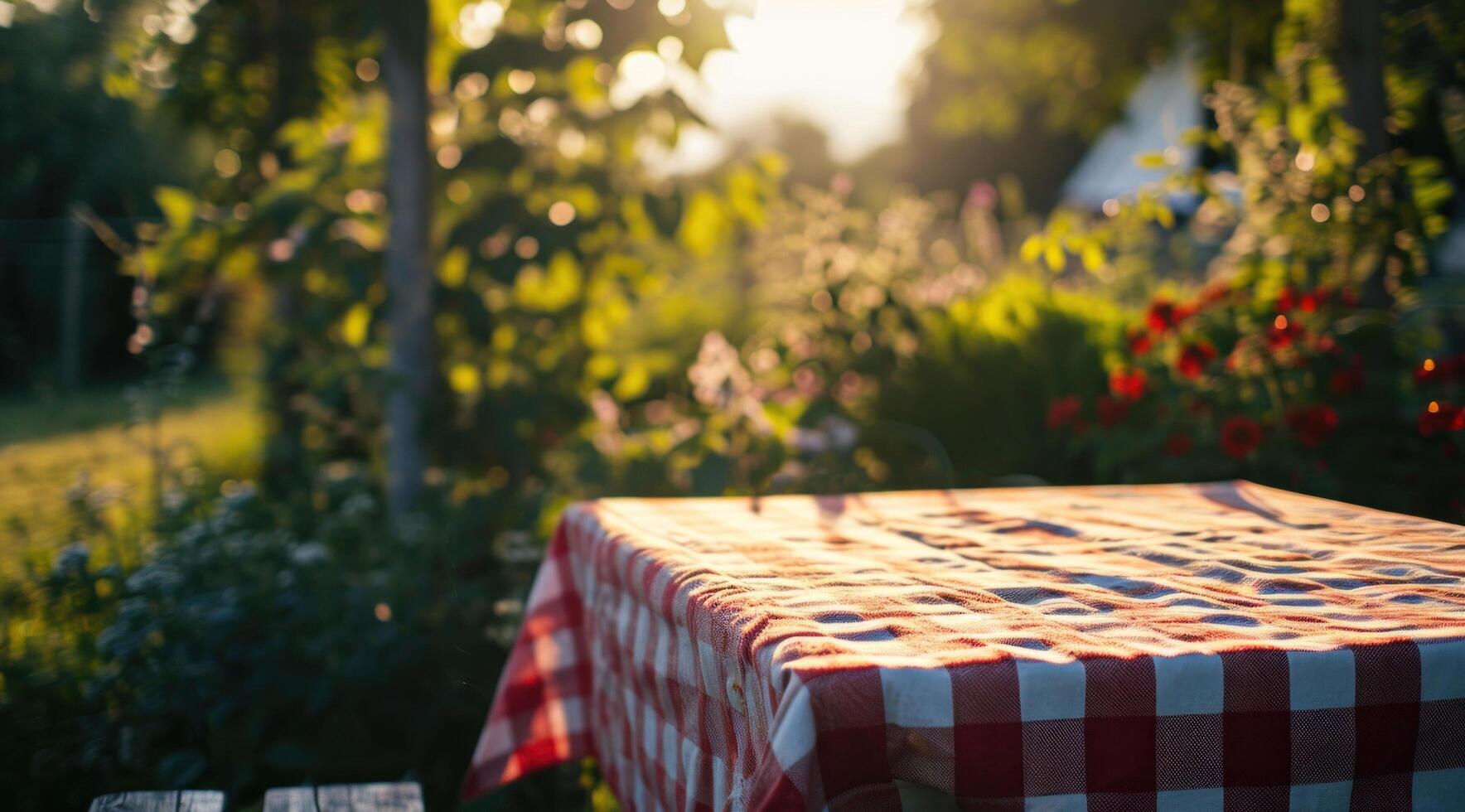 ai gerado uma toalha de mesa com uma vermelho e branco xadrez padronizar é sentado em uma mesa ao ar livre foto