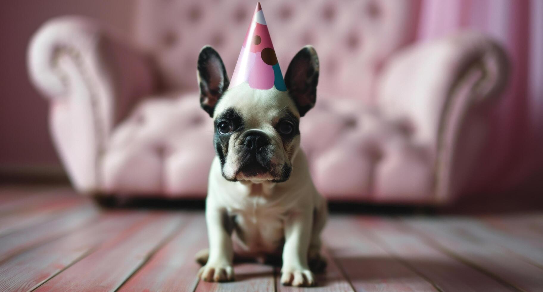 ai gerado uma pequeno francês buldogue vestindo uma aniversário chapéu foto