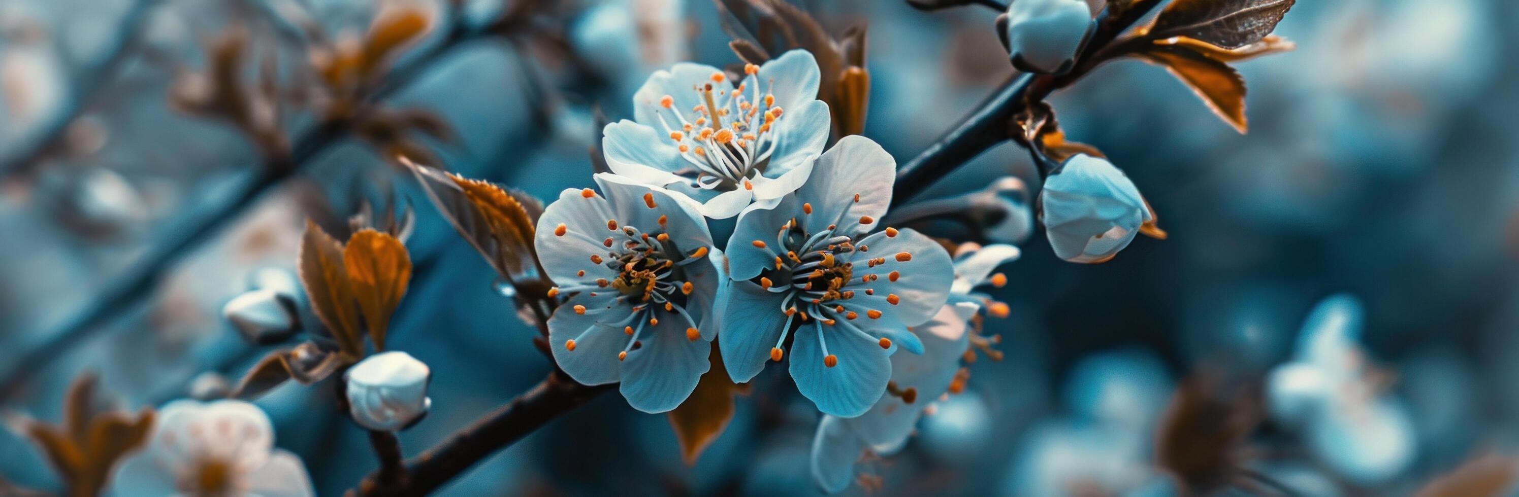 ai gerado uma branco cereja Flor com azul folhas em isto foto