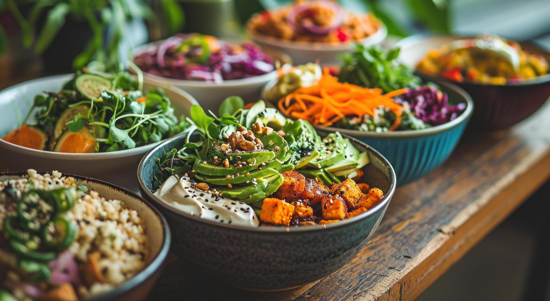 ai gerado uma mesa com saudável saladas foto