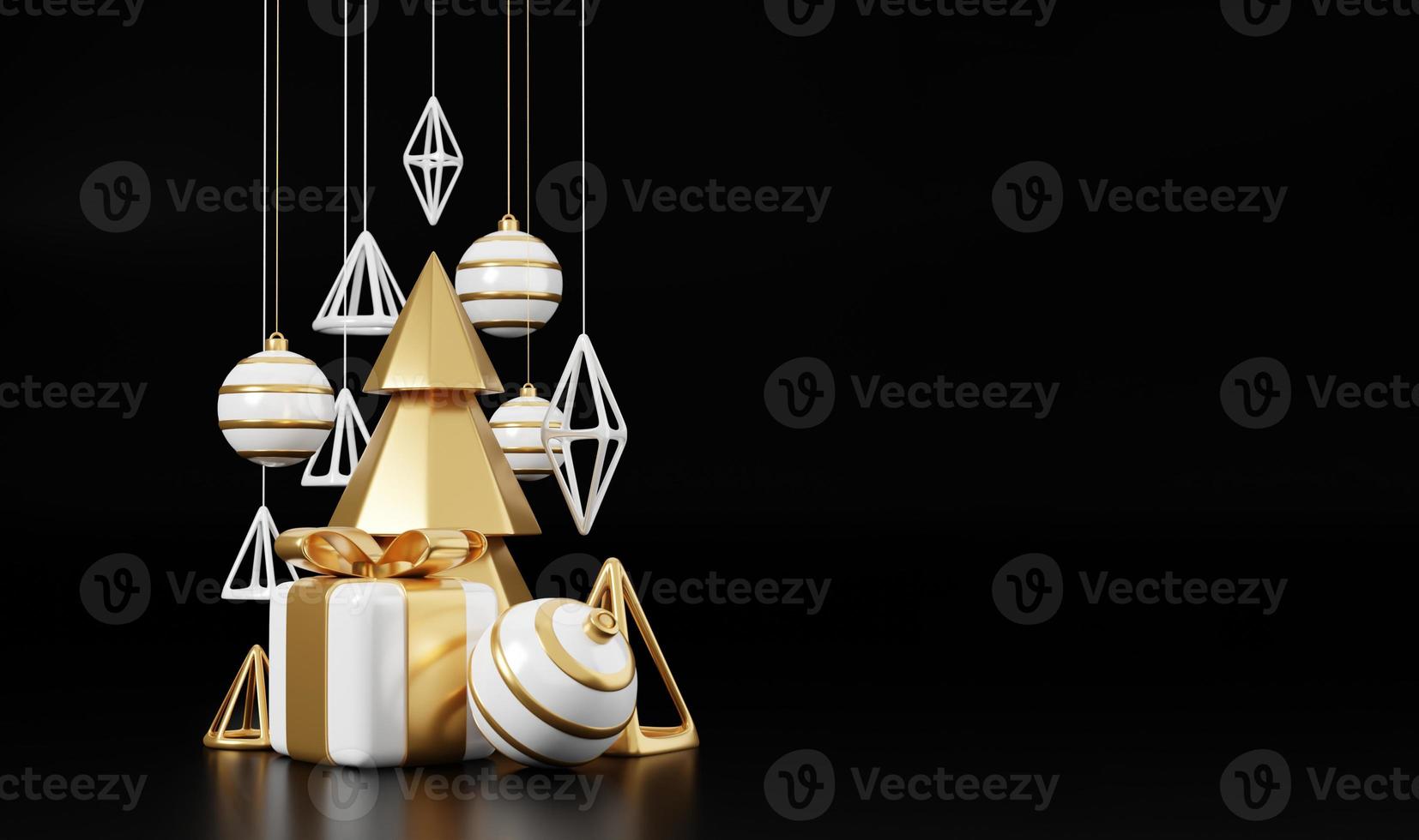 luxo Natal 3d render banner ou cartão. decoração moderna e mínima de ano novo e Natal em ouro e preto com árvore, doces, bola e caixa de presente em fundo preto foto