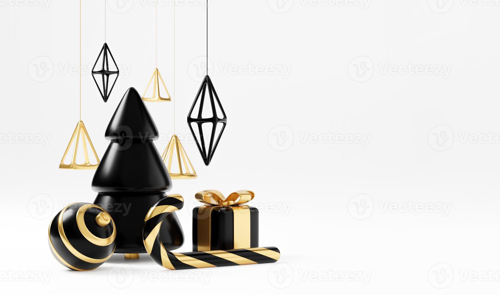 luxo Natal 3d render banner ou cartão. decoração moderna e mínima de ano novo e Natal em ouro e preto com árvore, doces, bola e caixa de presente em fundo preto foto