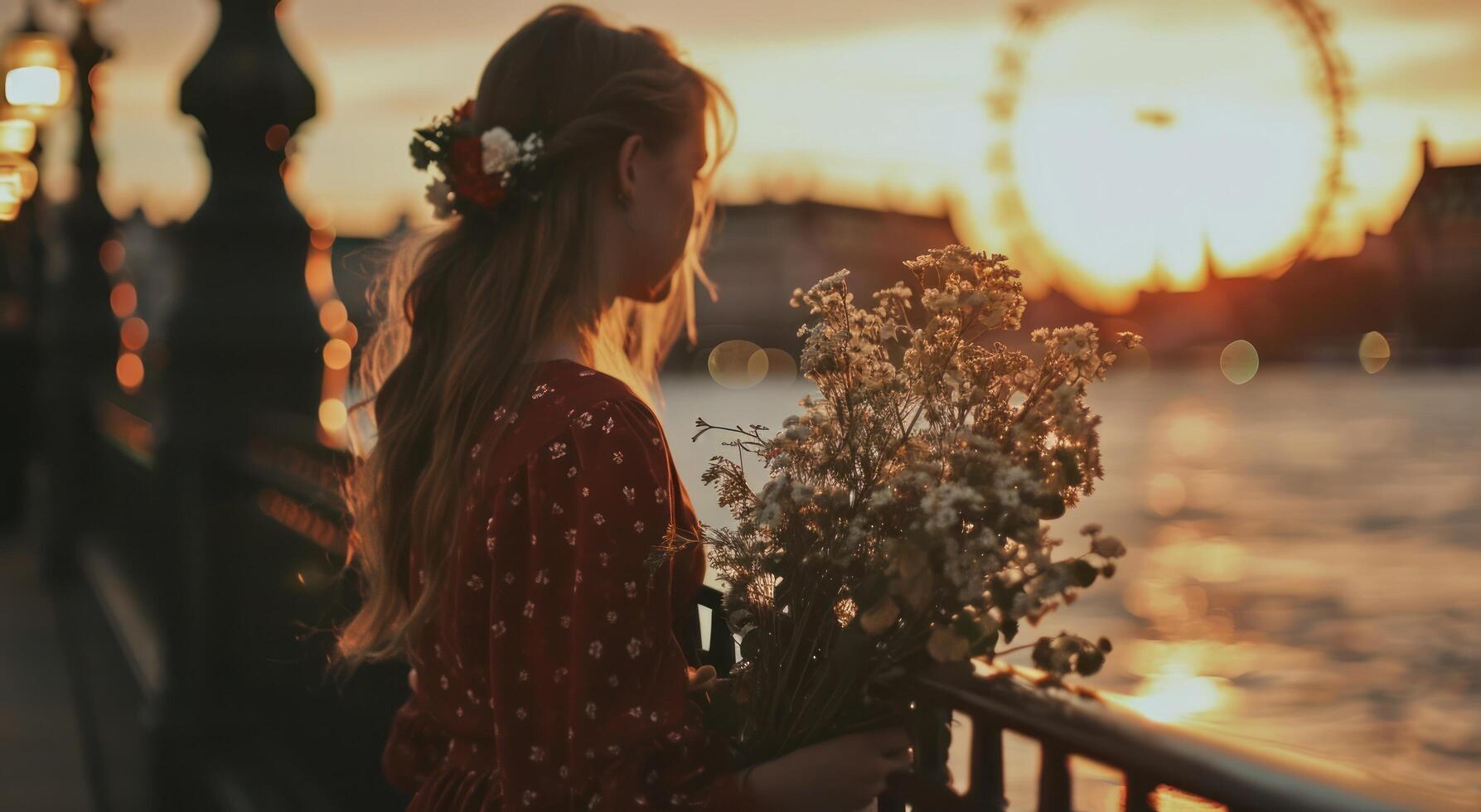 ai gerado uma menina segurando flores em a grade perto Londres olho foto