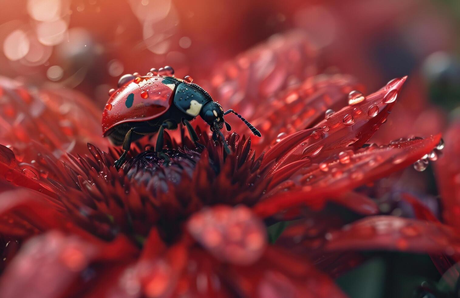 ai gerado uma vermelho senhora besouro é sentado em topo do uma vermelho flor foto