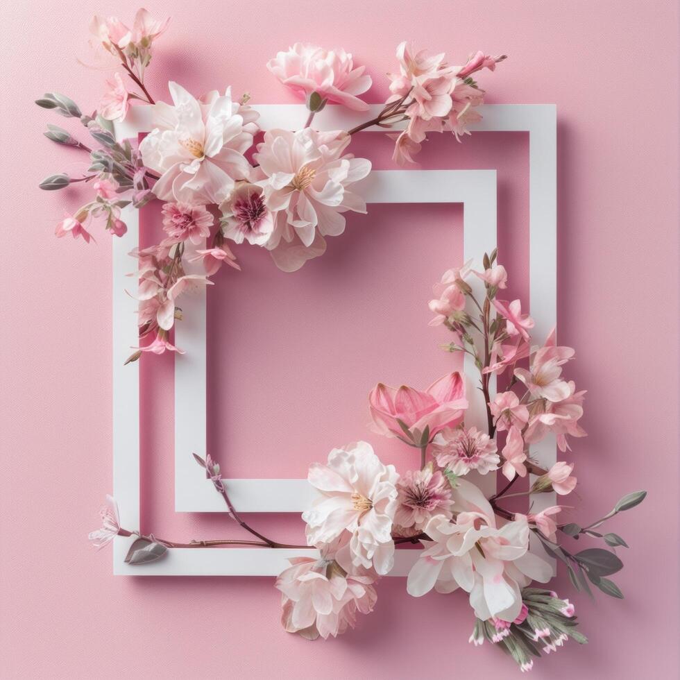 ai gerado uma branco quadro, Armação com flores em uma Rosa fundo foto