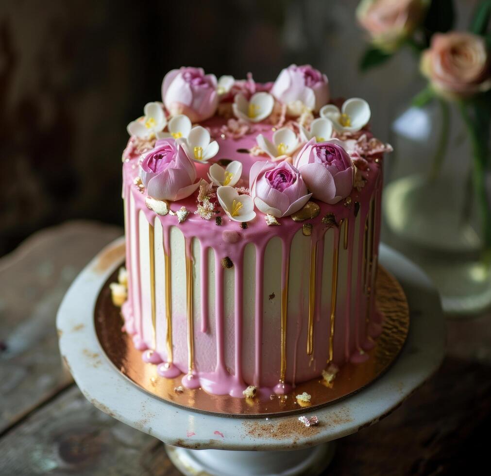 ai gerado a elegante Rosa bolo com flores em topo foto