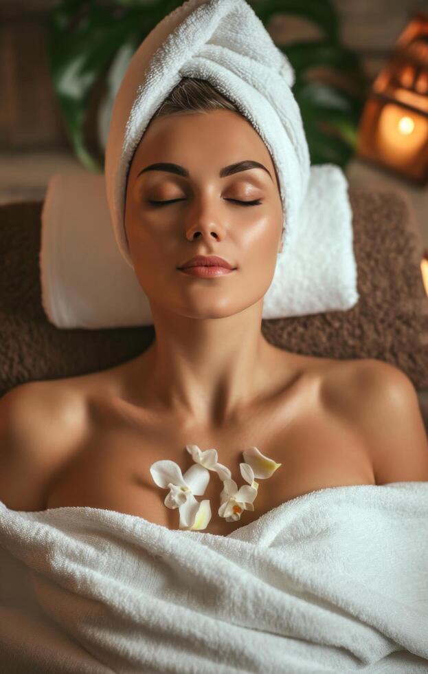 ai gerado lindo mulher com toalha envolver em torno dela pescoço, relaxante dentro spa foto