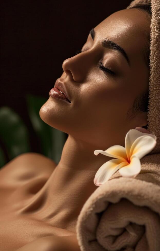 ai gerado lindo mulher com toalha envolver em torno dela pescoço, relaxante dentro spa foto