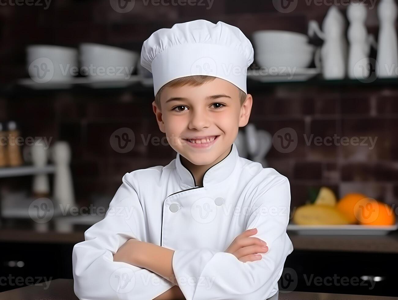 ai gerado caucasiano Garoto com sorrir vestido Como uma chefe de cozinha dentro a cozinha. foto
