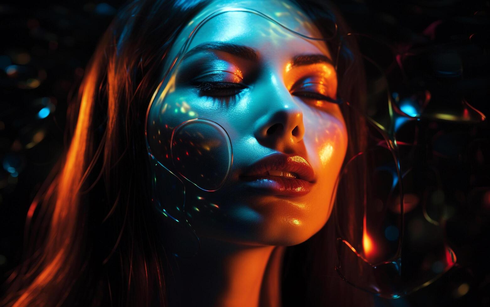 luminoso graça abstrato luzes fundida uma brilho em uma mulher face foto