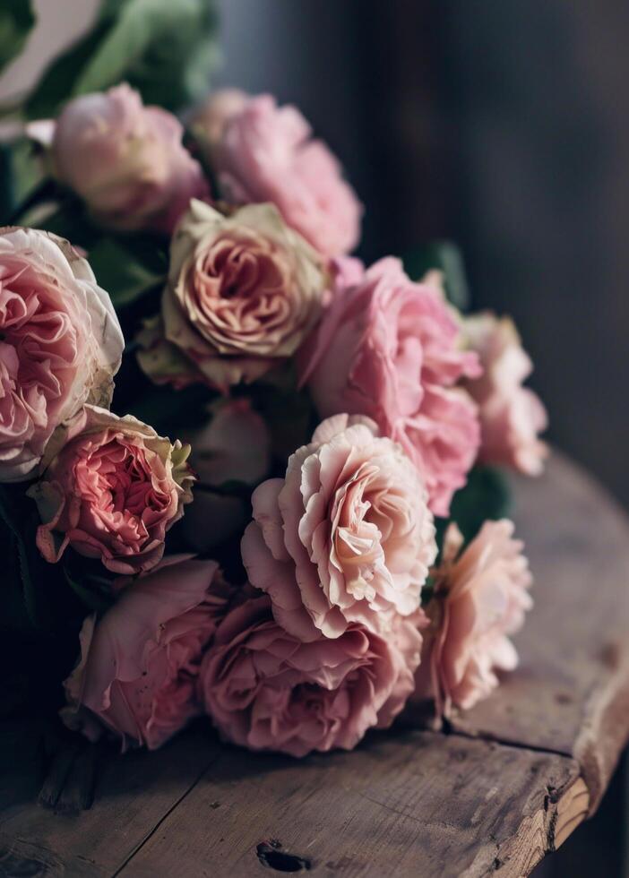 ai gerado Rosa rosa ramalhete em a lado do uma mesa foto