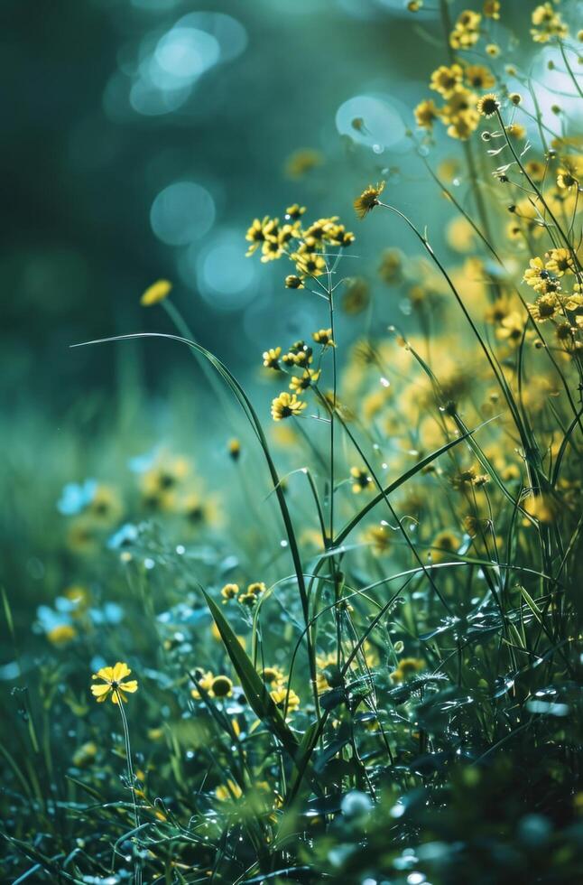 ai gerado a grama, flores, prados fundo foto