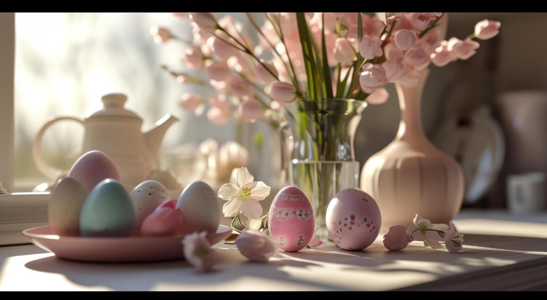 ai gerado alguns colorida Páscoa ovos e flores estão arranjado dentro uma cozinha foto