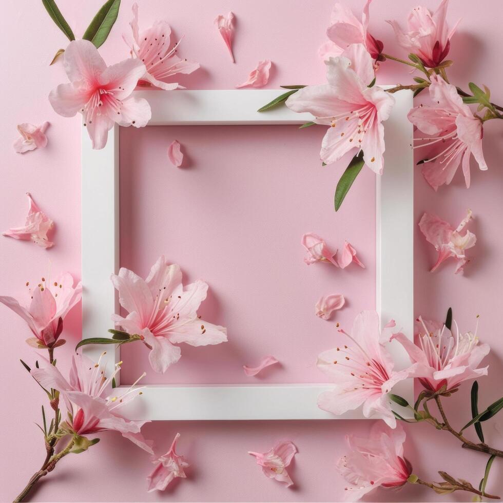 ai gerado branco quadro, Armação com uma quadro, Armação do Rosa flores em uma Rosa fundo foto