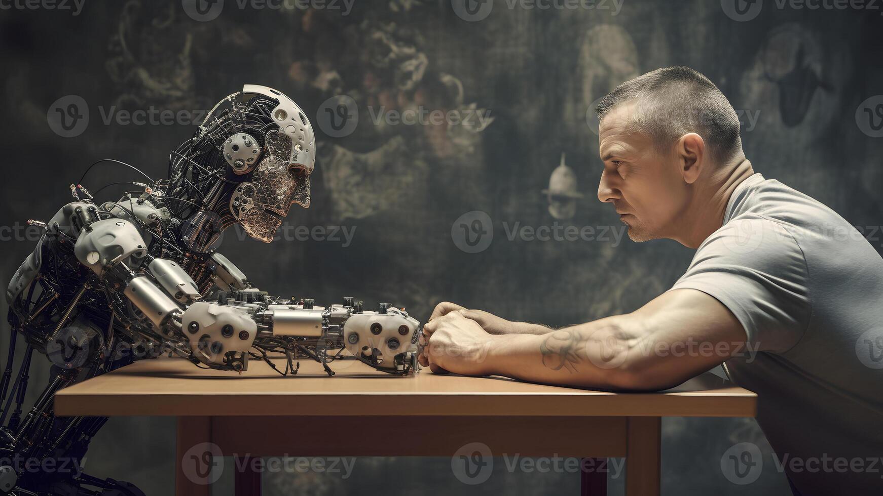 ai gerado caucasiano homem versus robô estão sentado às a mesa oposto olhando às cada outro, lado visualizar, neural rede gerado imagem foto