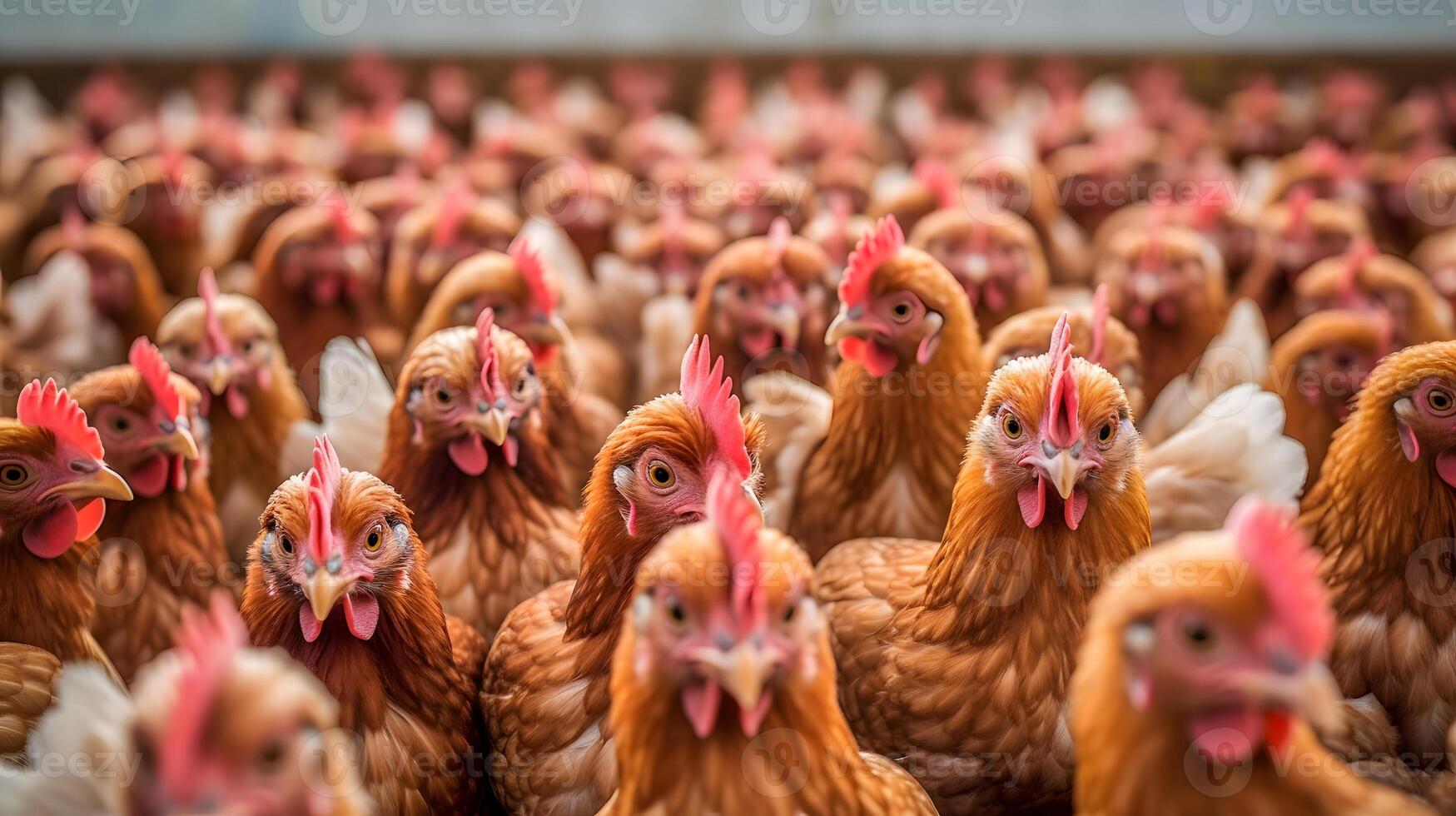 ai gerado uma muitos do galinhas esperando para estar alimentado acima, elas estão olhando às a visualizador, neural rede gerado fotorrealista imagem foto