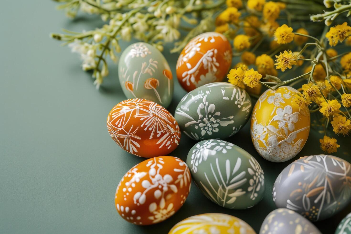 ai gerado Páscoa ovos em uma verde fundo, floral motivos foto