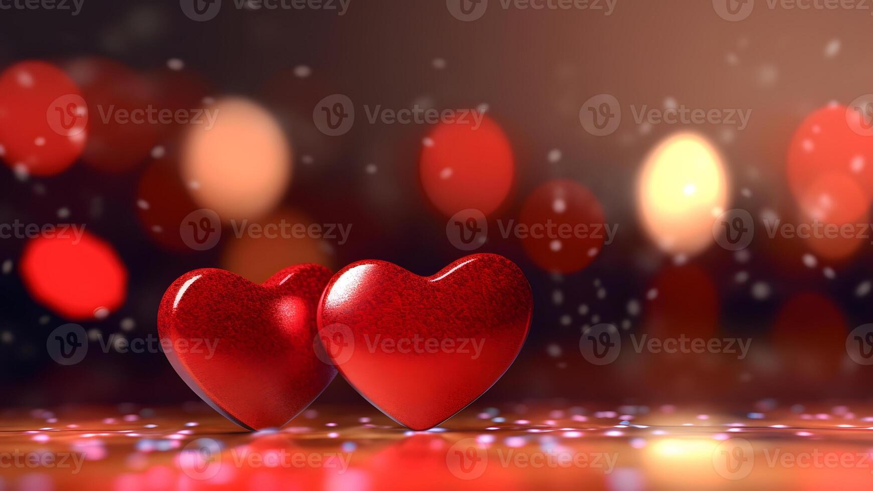 ai gerado santo namorados dia cumprimento cartão fundo com dois vermelho corações contra festivo bokeh, neural rede gerado fotorrealista imagem foto