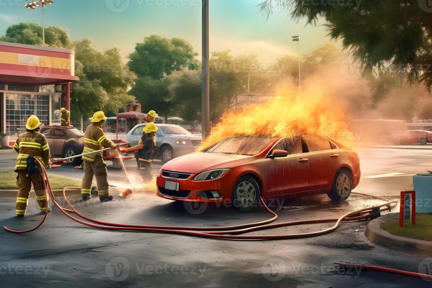 ai gerado uma carro é em fogo dentro uma estacionamento muitos às verão dia, neural rede gerado imagem foto