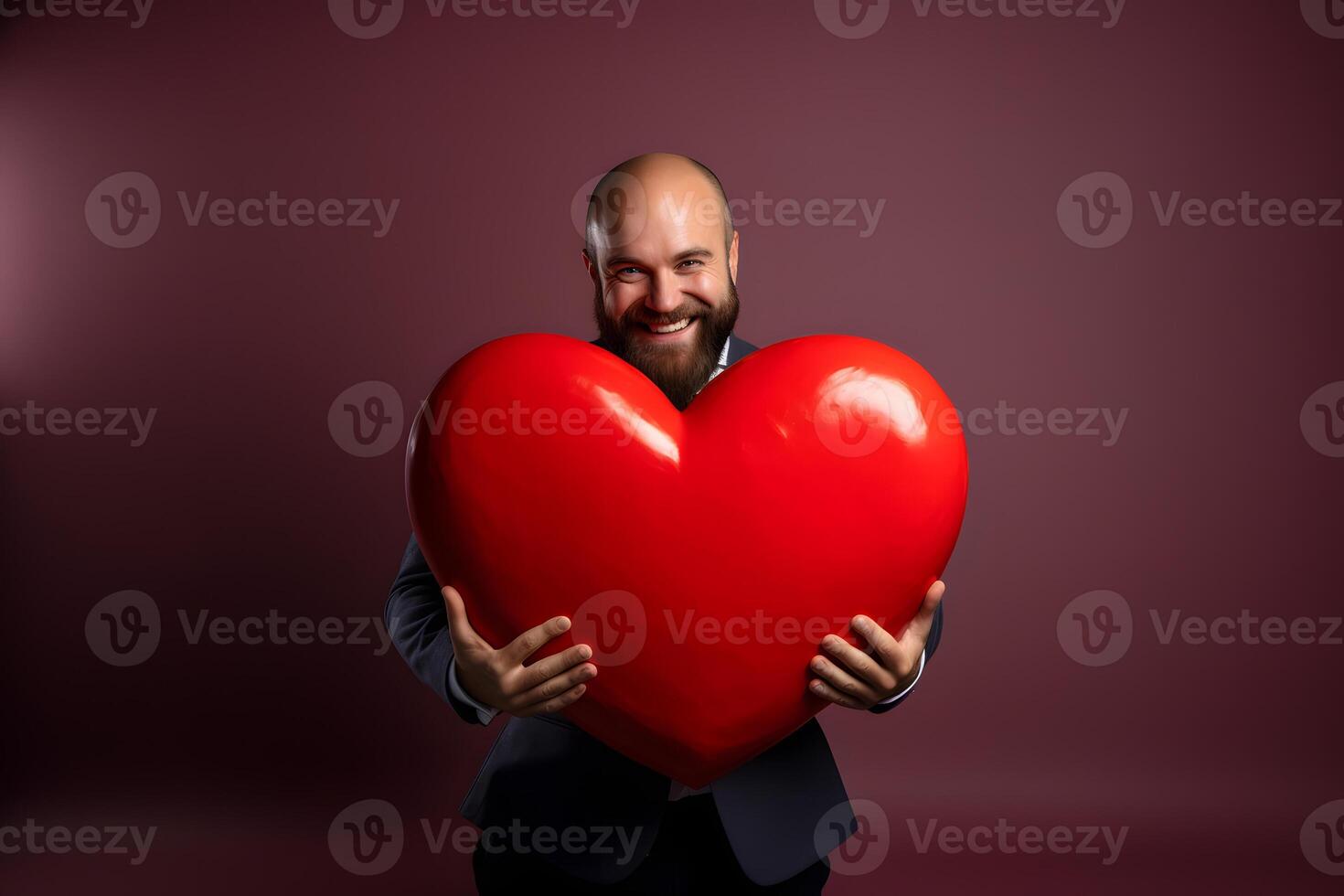 ai gerado adulto Careca barbudo caucasiano homem segurando grande vermelho coração em Castanho fundo, neural rede gerado fotorrealista imagem foto