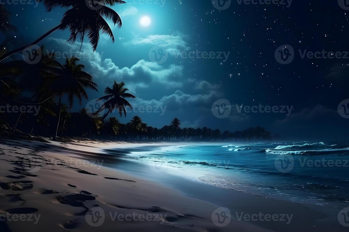 ai gerado tropical paraíso de praia às cheio lua noite, neural rede gerado fotorrealista imagem foto