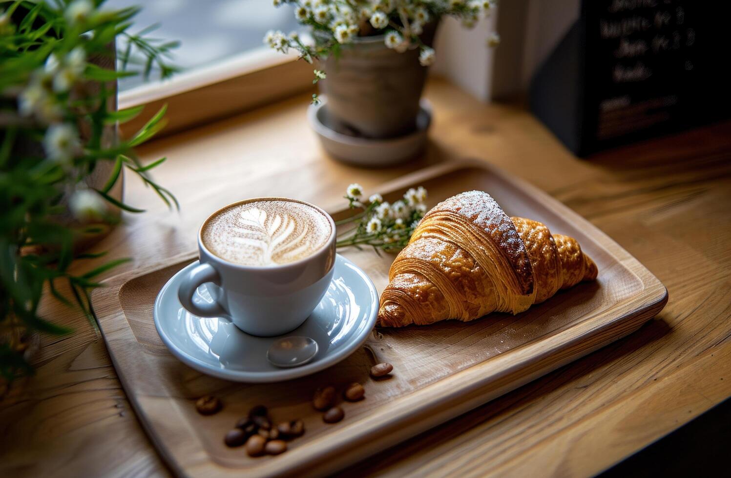 ai gerado uma croissant Próximo para cappuccino é em uma de madeira bandeja foto